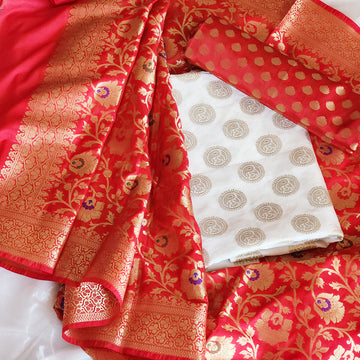 Golden White Pure Katan silk Meenakari Handloom Banarasi Suit - Ensemble