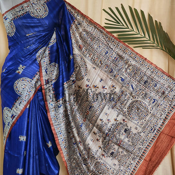 Purple Handloom Madhubani print Pure Tussar Ghicha Silk Saree