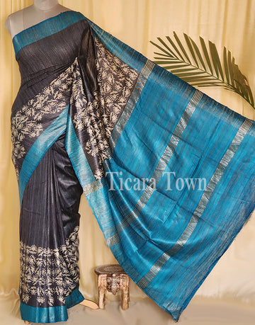 Blue & Black Tussar Ghicha Silk Saree