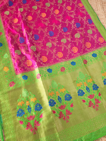 Pink-Green Pure dupion handwoven banarasi saree