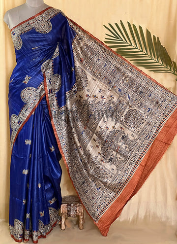 Purple Handloom Madhubani print Pure Tussar Ghicha Silk Saree
