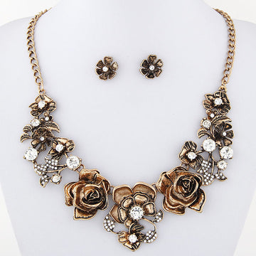 Diamond Flower Necklace Earrings Set