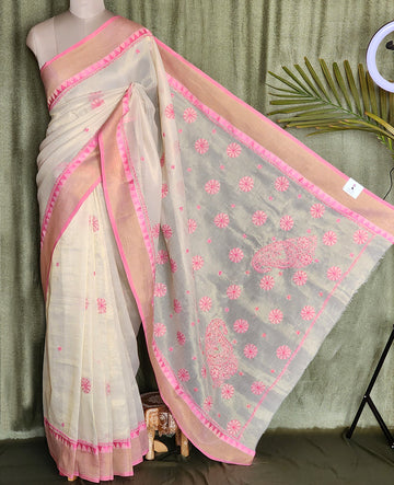 Pink Chikankari Work Pure Chanderi Silk Saree
