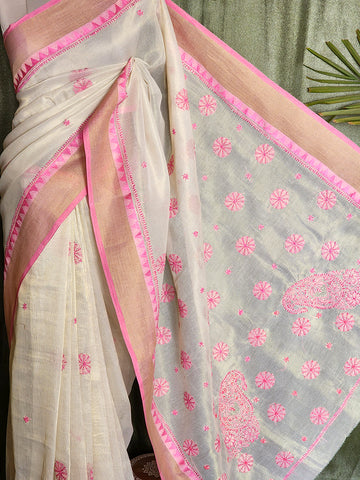 Pink Chikankari Work Pure Chanderi Silk Saree