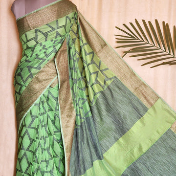 Light Green Pure linen jamdani Banarasi Handloom Saree