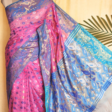 Pink And Blue Dhakai Jamdani Saree