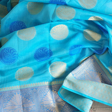 Blue Handwoven Banarasi Katan Silk Border