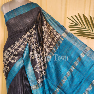 Blue & Black Tussar Ghicha Silk Saree