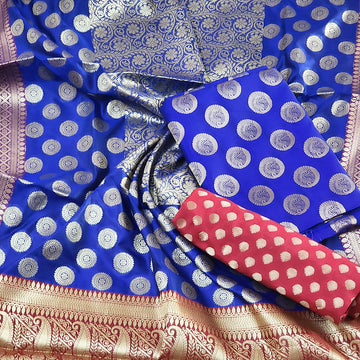 Blue- Red Pure Katan silk Handloom Banarasi Suit - Ensemble