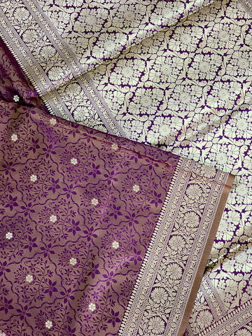 Purple Golden handwoven Banarasi Jamewar Silk Saree
