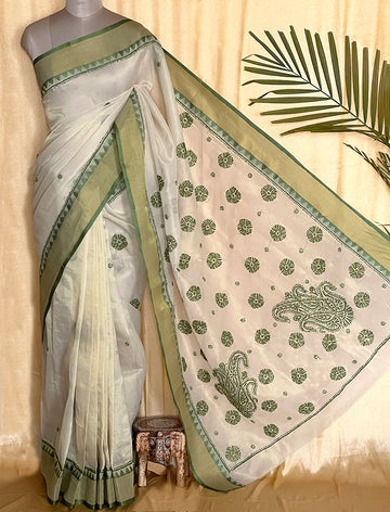 Green Chikankari Work Pure Chanderi Silk Saree