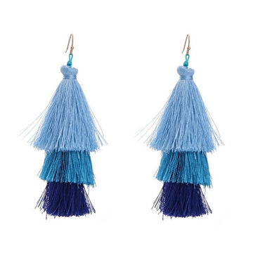 Blue Long Silk Tassel Drop Earrings