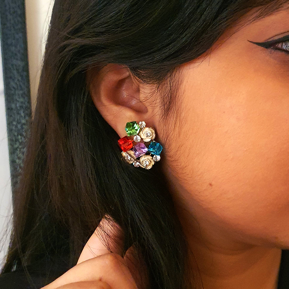 Enamel Flower Crystal Earrings - Ticara Town