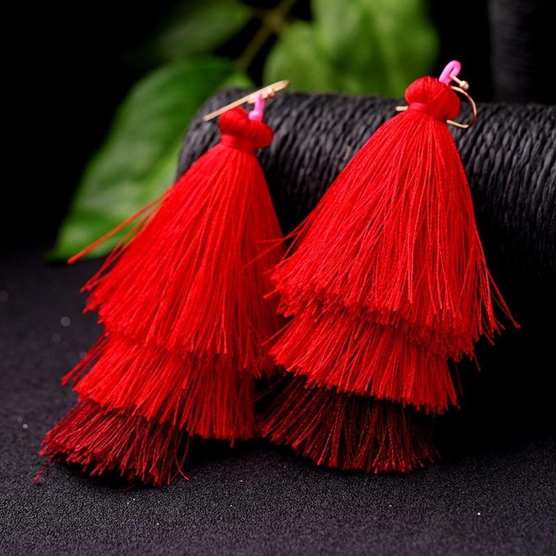 Red Long Silk Tassel Drop Earrings - Ticara Town